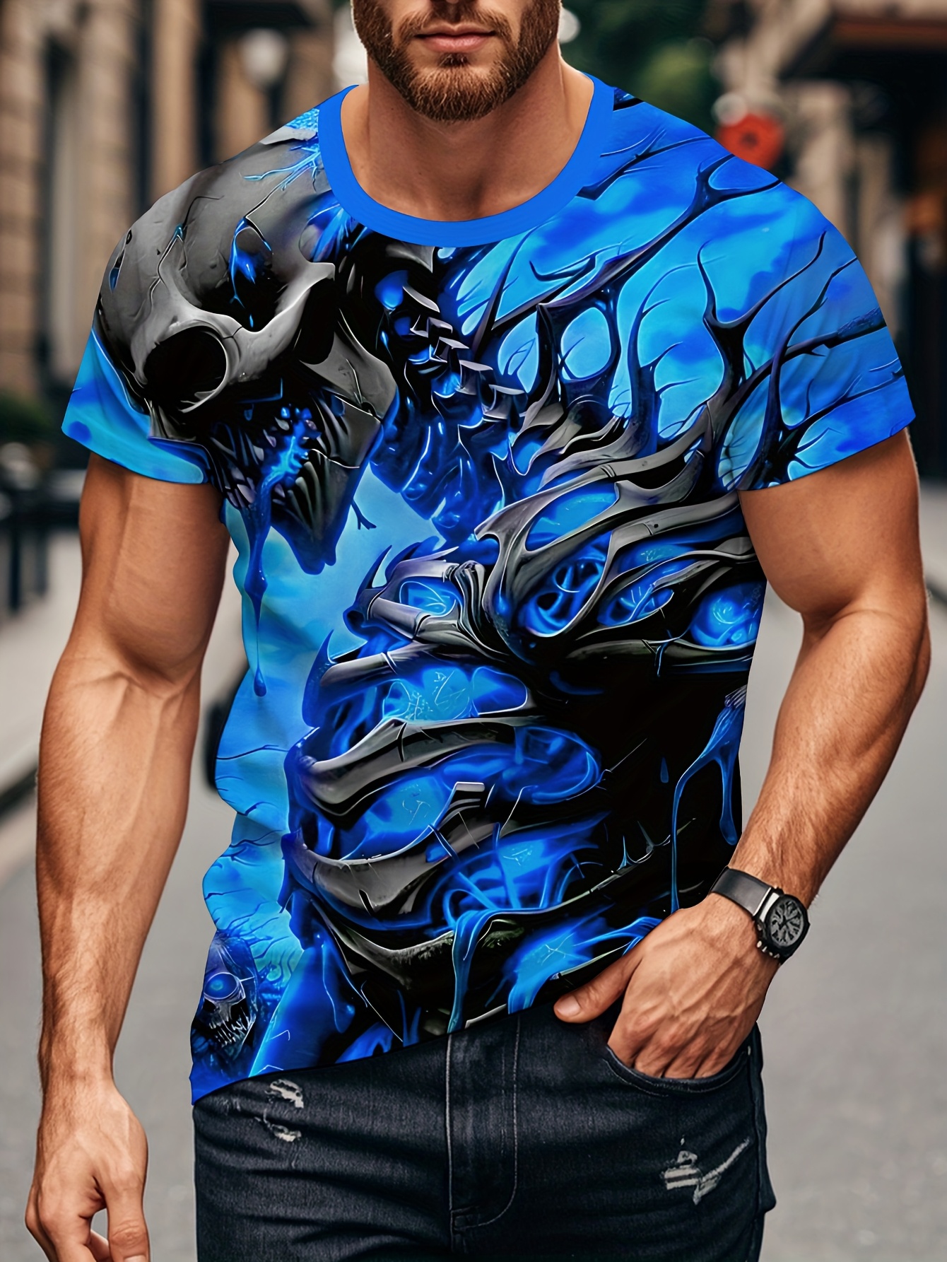 Men's 3D Skull Print T-Shirt, , Casual Round Neck Summer Lightweight Breathable Short Sleeve Tee, Fashion Cool Casual Wear, Skull Decor T-Shirt