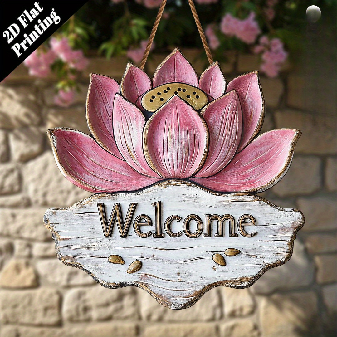 TEMU 2d Flat, 2d Flat , 1 Wooden Welcome Sign With Lotus - Wall Hanging Decoration, Suitable For Living Room, Yoga Room, Meditation Space, Spiritual