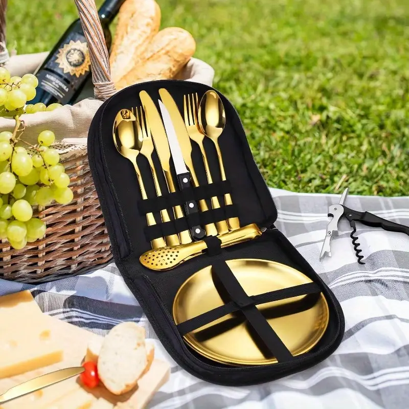 camping silverware kit cutlery organizer utensil picnic set stainless steel plate spoon clip and serrated knife wine opener fork napkin hiking camp kitchen bbqs non food contact Product details 4