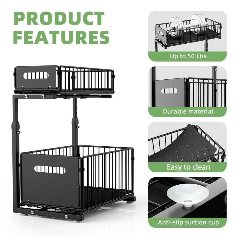 TEMU 2- Tier Slide- Out Storage Basket, Adjustable Pull- Out Under- Sink Rack, No Punching Bathroom Cabinet Organizer, Foldable Spice Rack For Home,