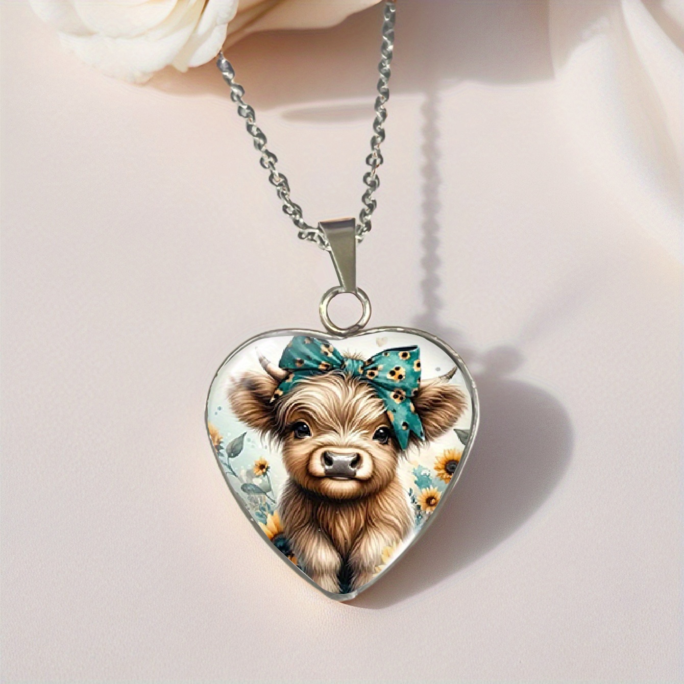 TEMU A Highland Cow Pendant Necklace With A Bow, Made Of Heart-shaped 304 304 Stainless Steel, Is A Accessory