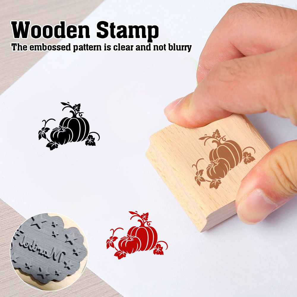 Vintage Wooden Rubber Stamp with Vine Leaves and Pumpkin Design