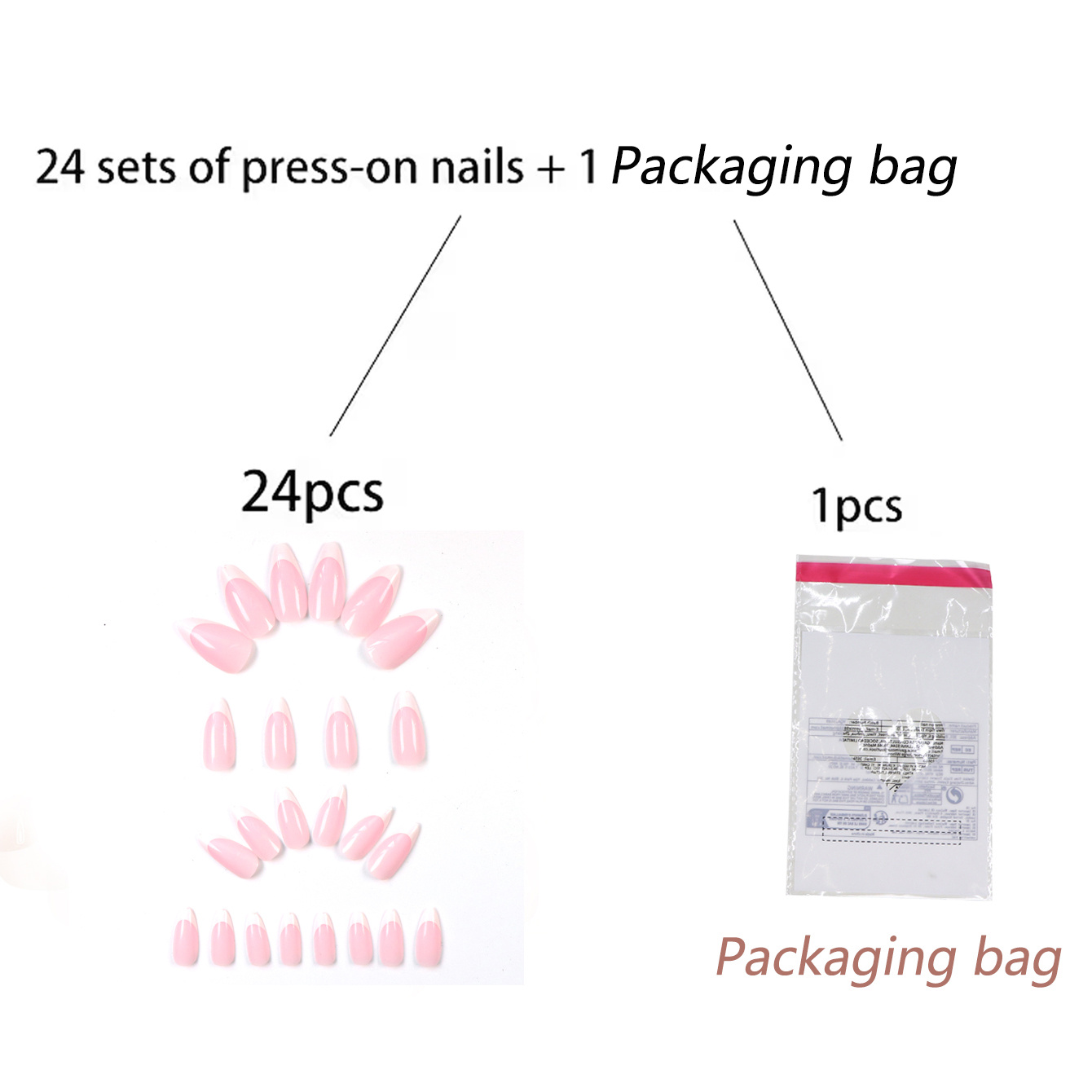 25pcs(24 Wearable Armor+1packaging Bag) French Glitter Almond Shaped Press-on Nails, Medium Length, White Gradient With Sparkle Accents, Removable Fake Nail