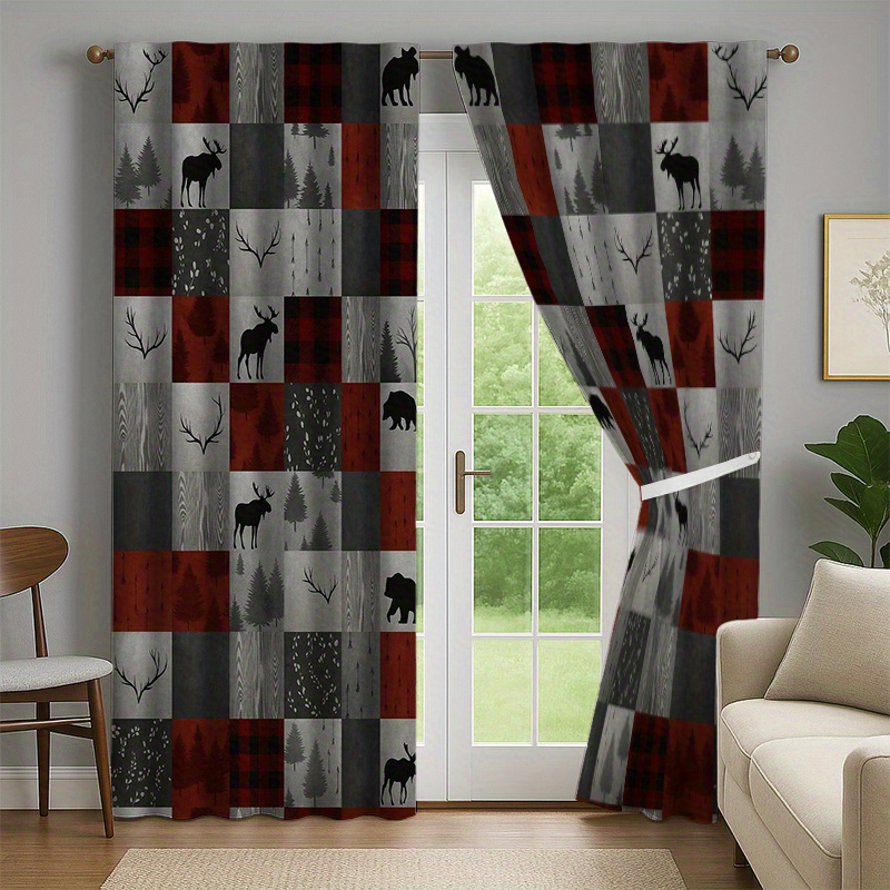 TEMU Rideaux 2D Plats, Impression 2D, 2 pièces, Motif Forêt avec Ours et Bois d' - Rideaux Occultants avec Motif à Carreaux Rouges et Gris, Polyester