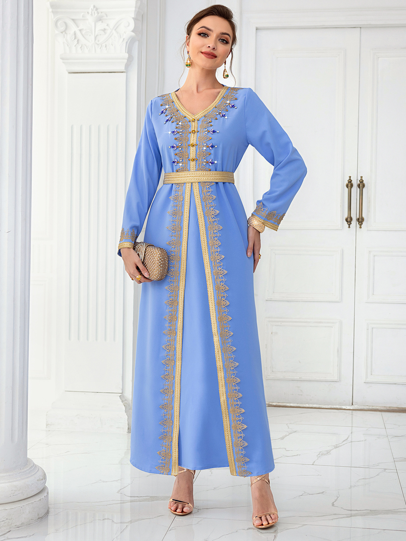 9028 sky blue belted two piece women's dress Temu Portugal