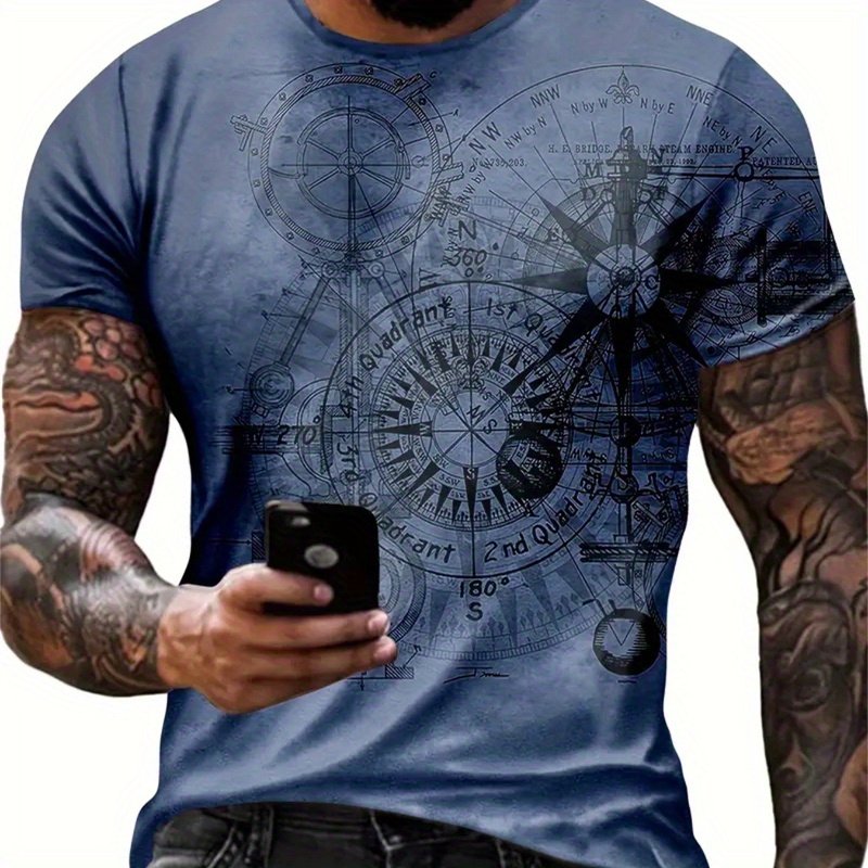 

Men' Compass Graphic T-shirt - 3d Printed Nautical Design, Crew Neck, Short Sleeve, Polyester , Machine Washable, Cruise T Shirts