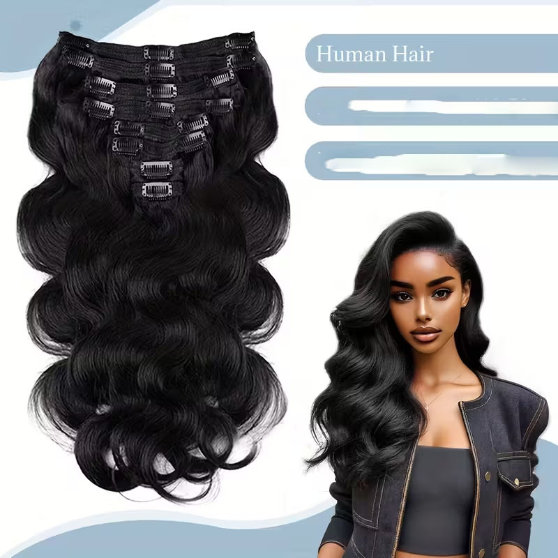 TEMU Extensions de cheveux à clips ondulées pour femmes, lot de 8 pièces ( 18 clips) - 100 % vrais cheveux humains avec double de dentelle, haute