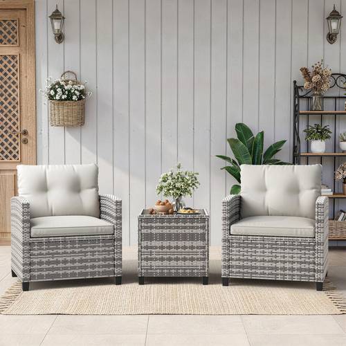 3lü rattan bistro seti, hasır bahçe mobilyası, sehpa ve 2 sandalye ile, yıkanabilir minderler, dayanıklı, arka bahçe, veranda, balkon için dış mekan sehpa ve sandalye seti, gri