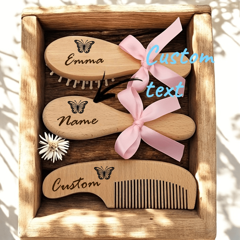 TEMU 3pcs Personalized Laser Engraved Bamboo And Wood Comb Set With Custom Name, Wool Comb airbag Comb flat Comb, Customizable Name, Pattern, Unique