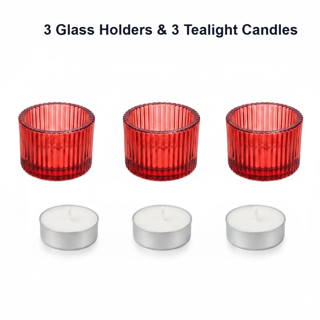 TEMU 6pcs Red Ribbed Glass Candle Holder Set With 3 Glass Holders And 3 Tealight Candles For Wedding Party Tabletop Decor