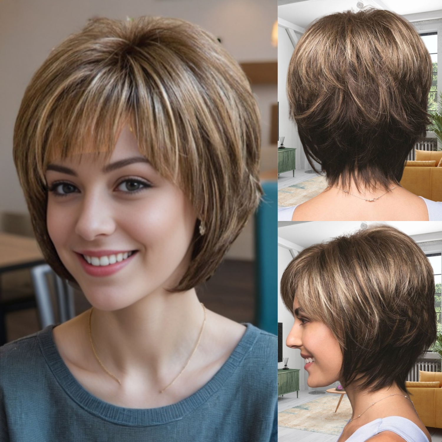 

Short Brown Cut Wigs For Women Brown Mixed Blonde Short Hair Soft And Comfortable Wig With Bangs For White Women Natural Looking Synthetic Fiber Wigs