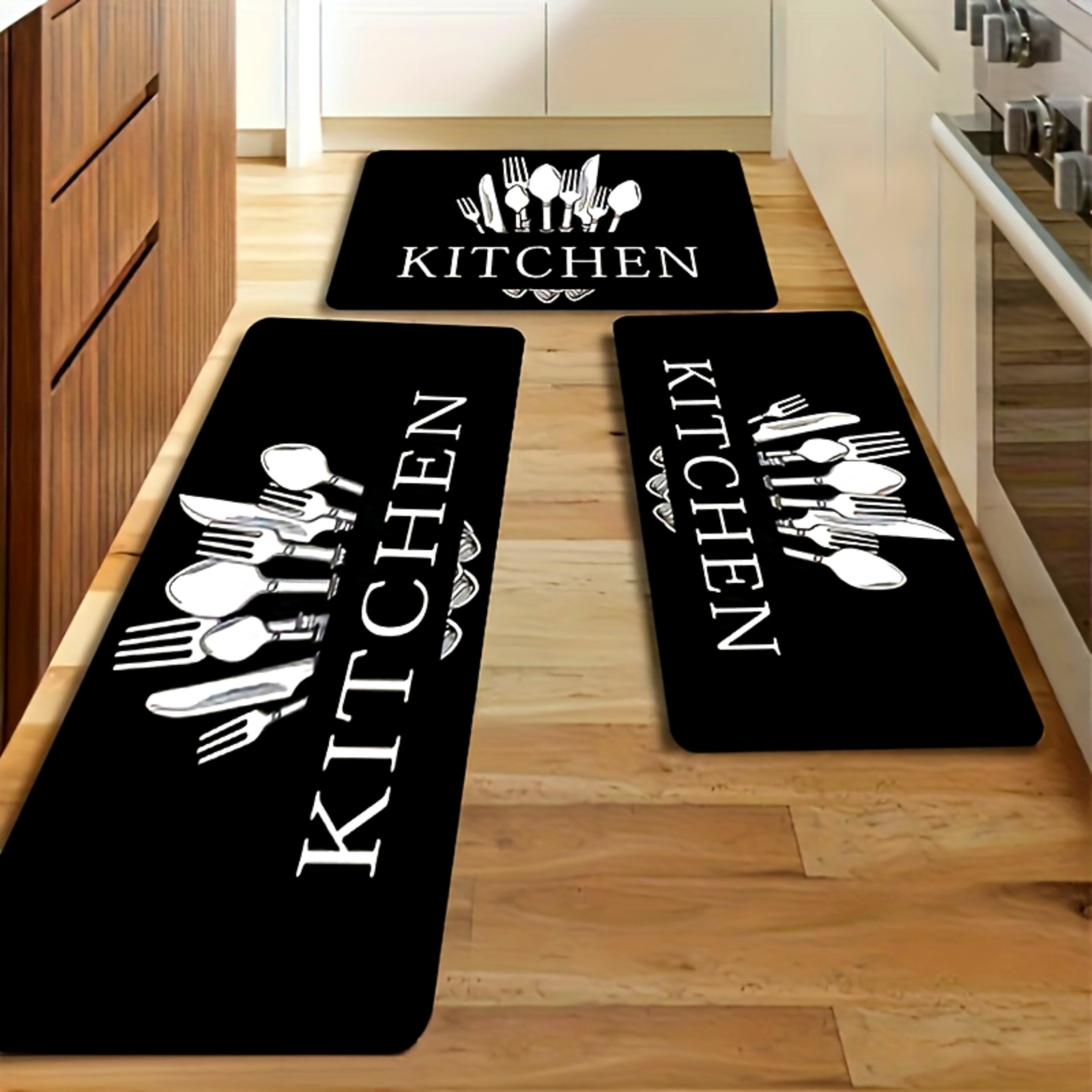 TEMU Set Of 3 Kitchen Mats Featuring An Alphabet Theme With Knife And Fork Designs, Essential For . Are Non-slip, Soft, Easy To Clean, And Perfect For Bedrooms, Living Rooms, Dining Areas, Kitchens