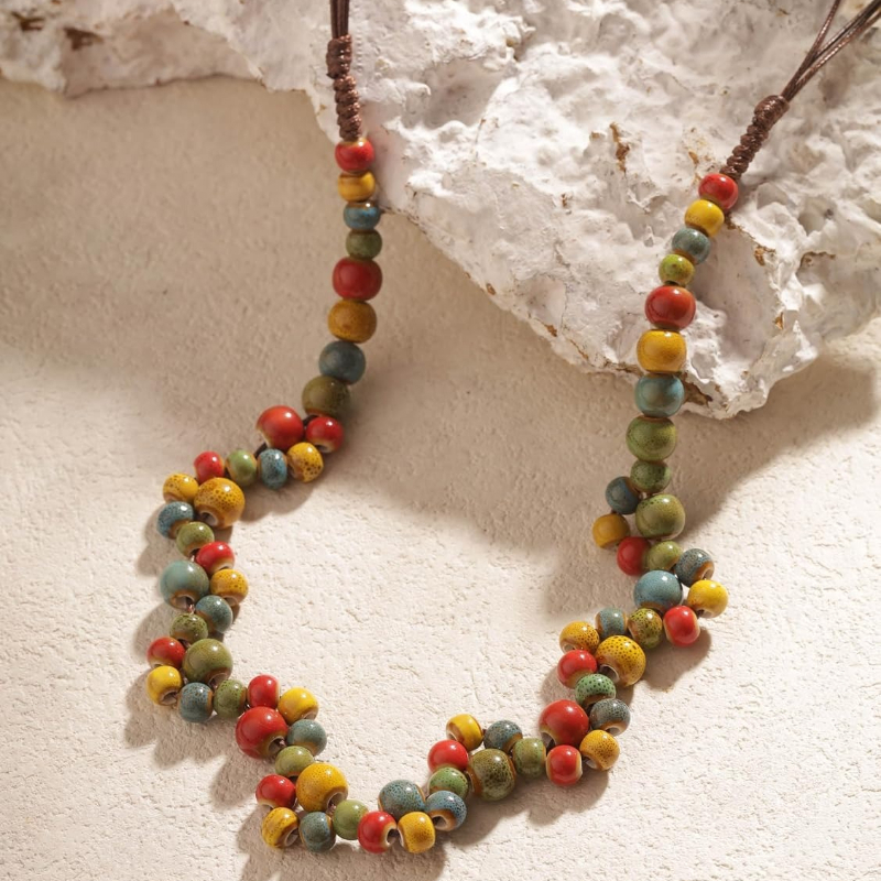 Boho Multicolor Ceramic Bead Strand Necklace for Women