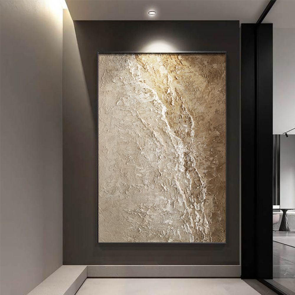 Hand-Painted Modern Minimalist Abstract Oil Painting - Golden & Beige Neutral Wall Art, Designer Style Textured Brushstroke suitable for Living Room, Bedroom, Office - Elegant Wabi-Sabi, Hand-Painted Oil Painting for Modern Interiors