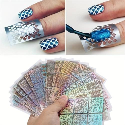 24 Nail Vinyl Templates- , Decorative Stickers, and Fish Scale Designs, Shiny Surface, Disposable, Manicure, Nail Stickers