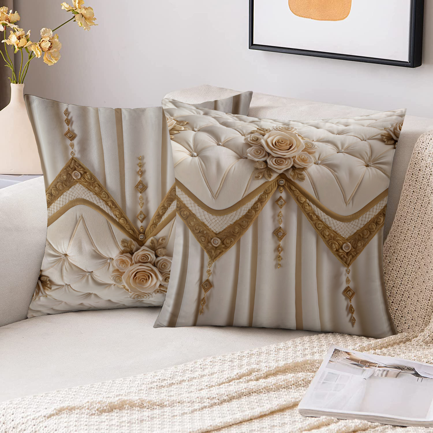 TEMU 2pcs Set Short Plush Fabric Hot White Three-dimensional Quadrilateral White Rose Flower Diamond Pillowcase, Double-sided Print, 18in*18in, For