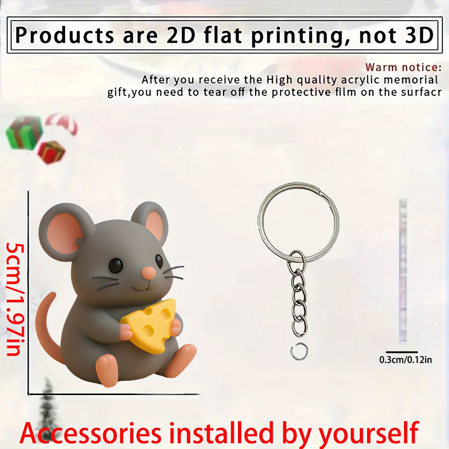 TEMU 2d Flat, 2d Flat 15pcs Cheese Mouse Keychains, Includes(5 2d Design Acrylic Keychains  5 Thank-you Cards  5 Gift Mesh Bags)- Decorations,