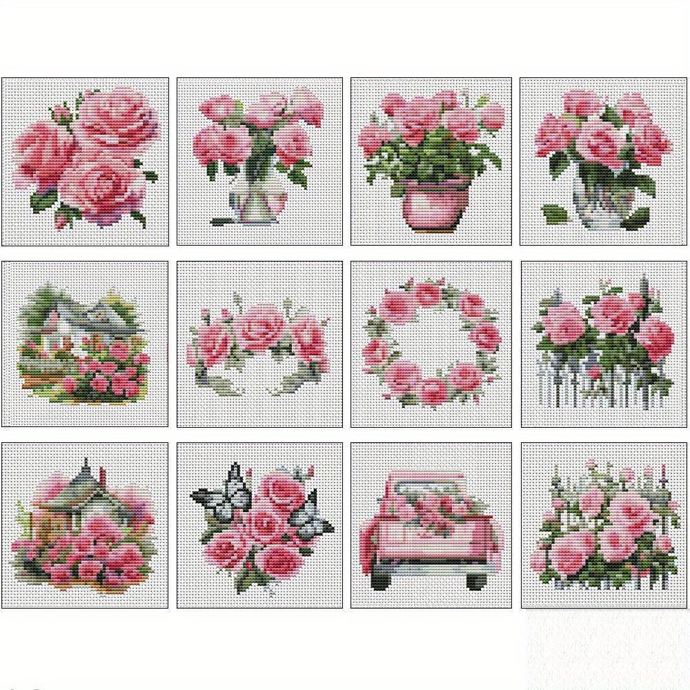 TEMU Lot de 12 pièces Broderie DIY Motif Rose à Point de Croix Mini Toile Imprimée pour Décoration Maison