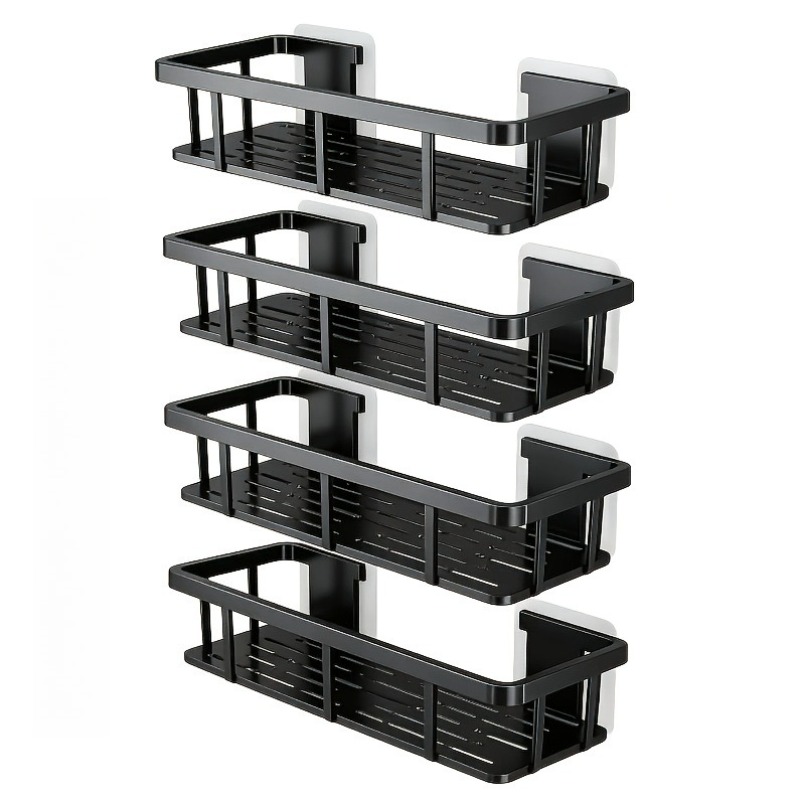 TEMU 12pcs Set: 4 No-drill Black Bathroom Shelves + 8 Strong Adhesive Pads | Wall-mounted Storage Rack For Bathroom And Kitchen, No Nails Required,