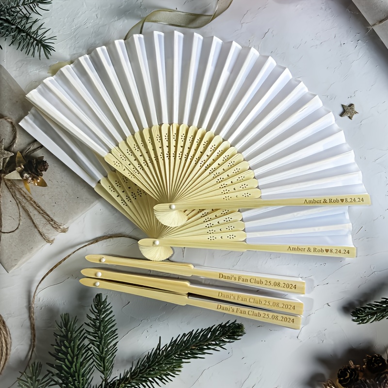 TEMU Hand Fan With Wooden Frame - Elegant Wedding Party Gift, For Couples, Spouses, Or Guests, Custom Engraving 