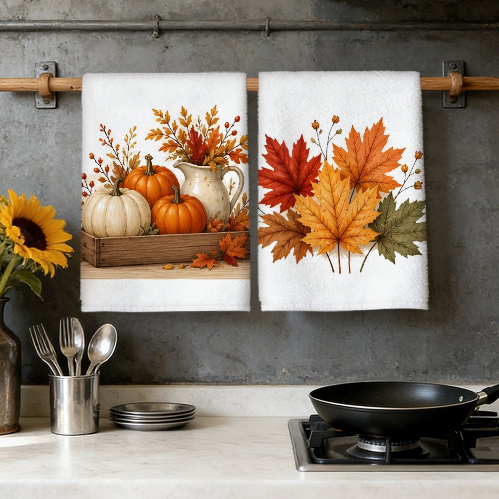 TEMU 2pcs Autumn-themed Microfiber Kitchen Towels Suitable For Kitchen & Bathroom Decor - Ultra Soft Absorbent Tea Towels With Modern Fall Leaf, Hand
