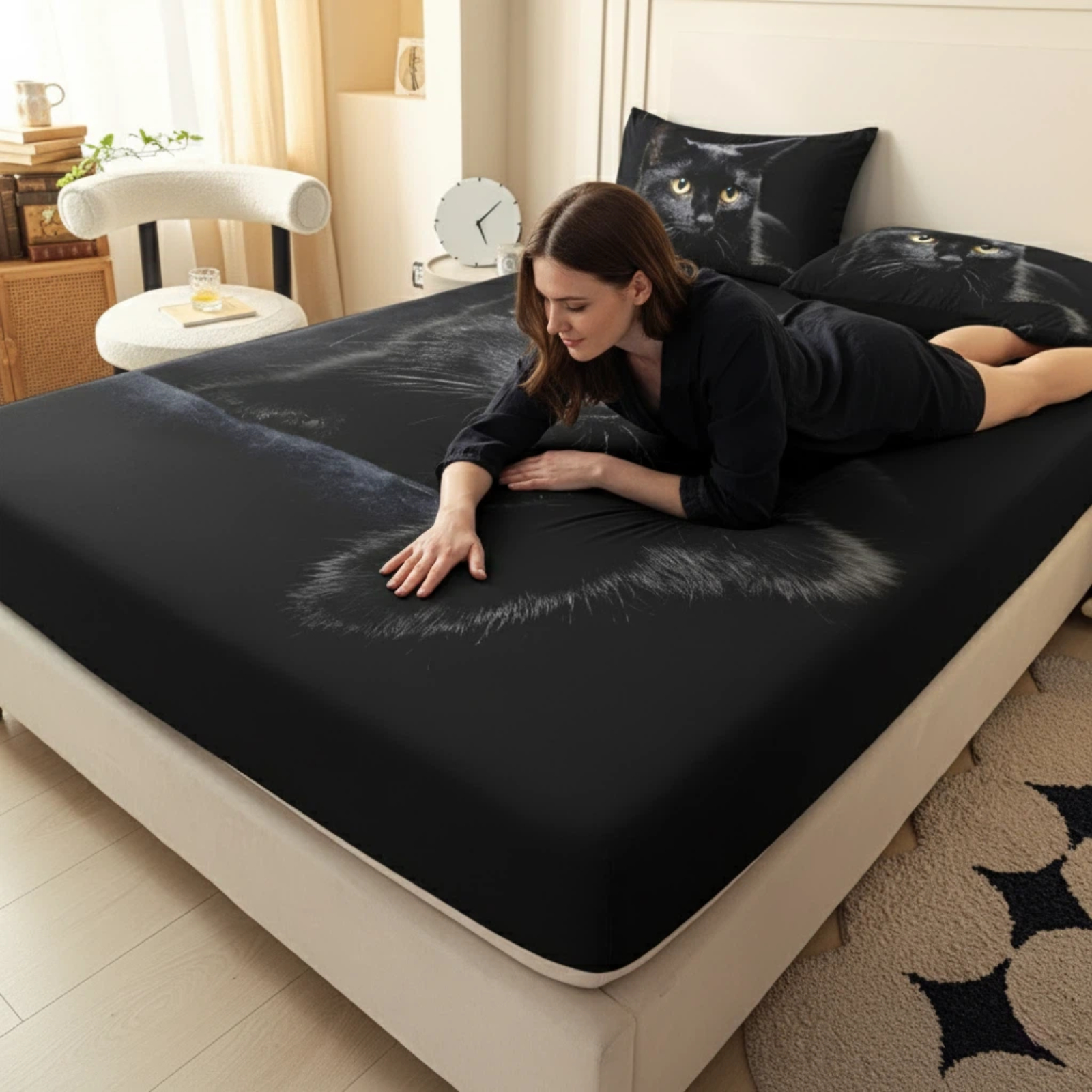 Black Cat Print Fitted Sheet Deep And Breathable Machine Washable For Bedroom And
