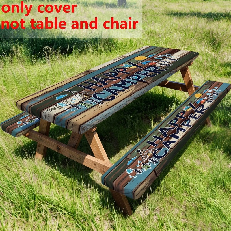 TEMU 3pcs (1 Tablecloth   2 Stool Cover)wooden Picnic Table And Bench Cover, Camping Table Cover, Outdoor Elastic Tablecloth, Fitted Rectangle
