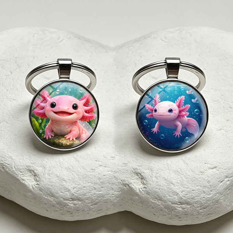 TEMU 2 Stk. Schlüsselanhänger mit lächelndem rosa Axolotl, runde Glaskuppel, Geschenke