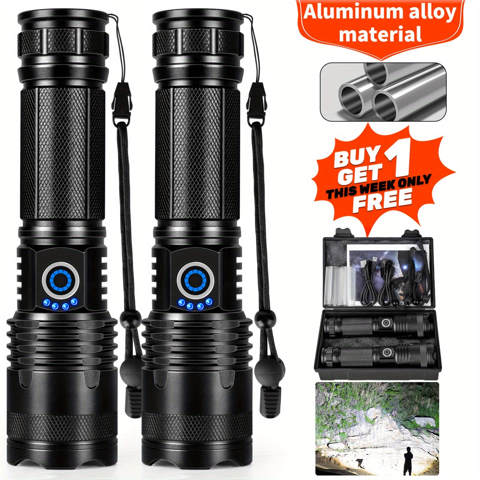 

Buy 1 Get 1 Free Rechargeable Led Aluminum Flashlights High , 800-1200 Flashlights With 5 , Waterproof Powerful Flash Light Multifunctional Flashlights For Hiking