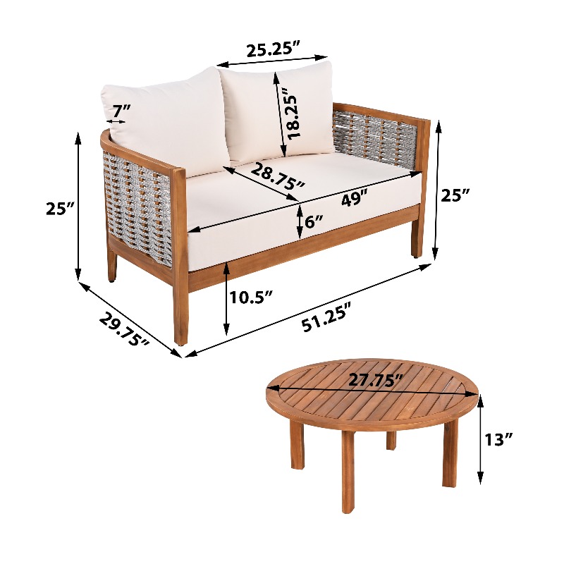 2pcs Acacia Patio Furniture Set, Outdoor Unique Tub Design Loveseat with Woven Rope Table, Deep Seating with Soft Cushions for Porch, Garden, Backyard, Balcony, Teak End And Beige Cushion