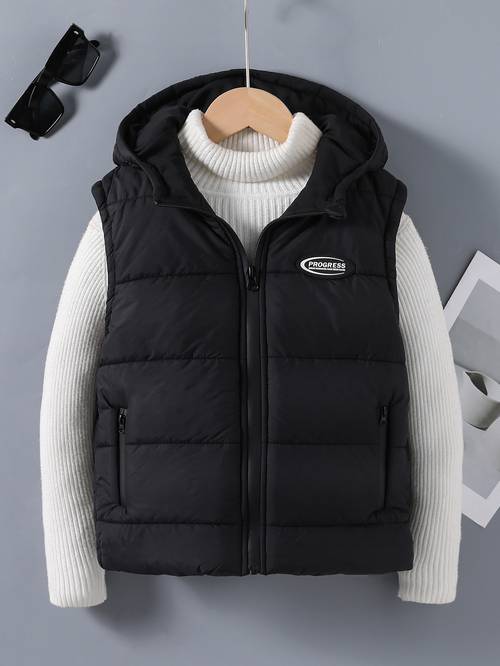chaleco tipo chaqueta con capucha para niño, chaleco con cremallera en la espalda y bolsillos, estilo juvenil casual de moda para niño, engrosado, , de otoño/invierno para escolar, nueva superior de moda de para otoño/invierno
