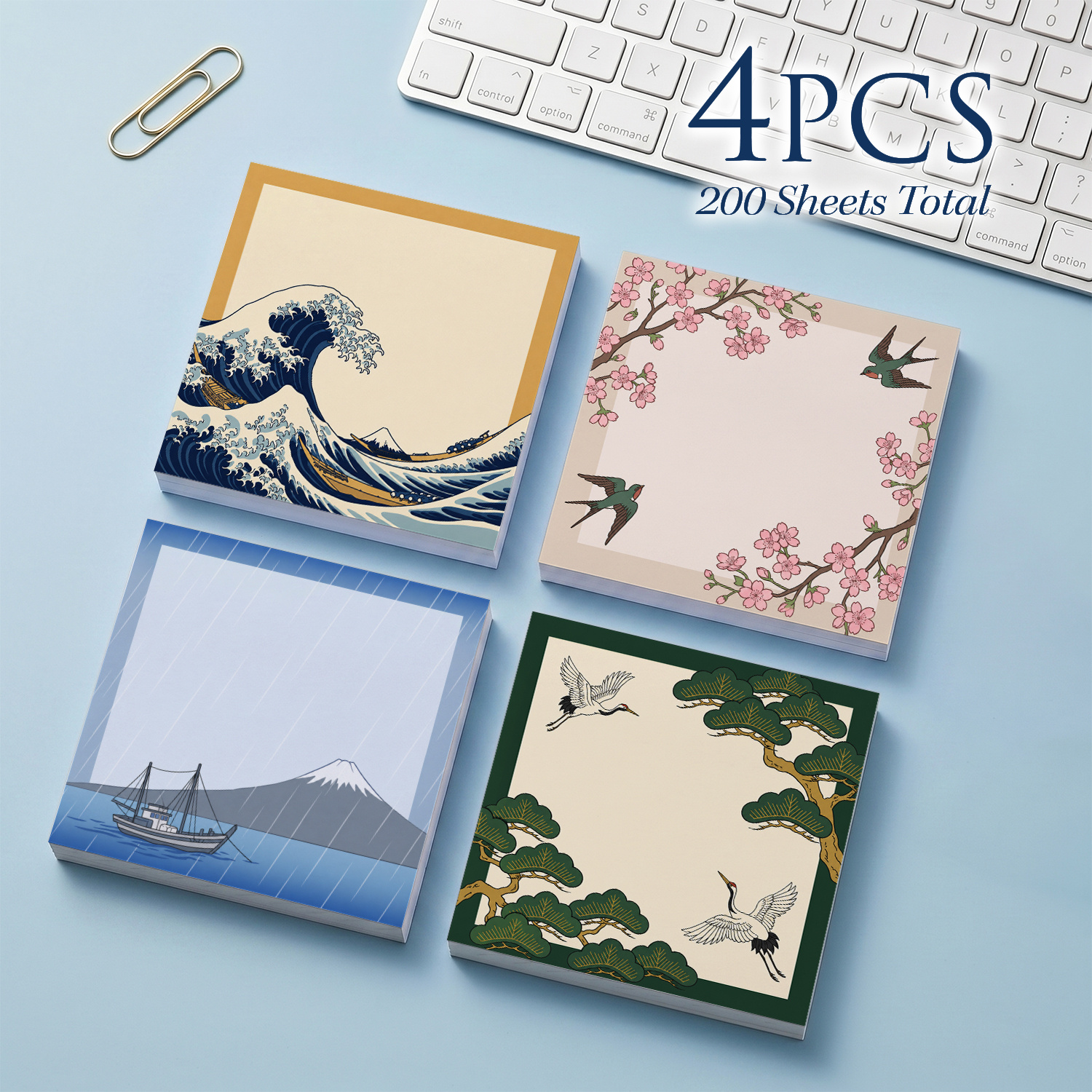 TEMU 4pcs Sticky Notes Set, Wave Sakura Crane Art Memo Pads, 200 Sheets Total, Aesthetic Stationery Notepads, Removable Adhesive Notes For Planner,
