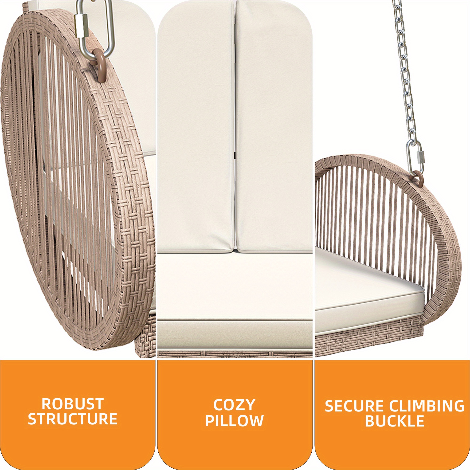 Phabules Hanging Swing Chair with Oval Handrails and Waterproof Cushions, All- Weather Rattan Swing Chair 530lbs Capacity, for Outdoor