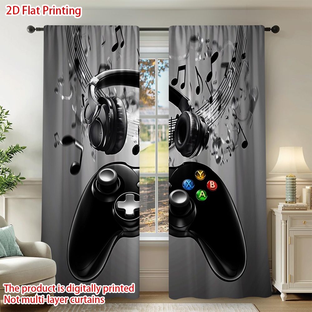 TEMU 2d Flat - 2d Flat - 2d Flat - Set Of 2pcs Flat Printed Gaming Controller And Headset Music Curtains | Ideal For Room Decoration, Suitable For