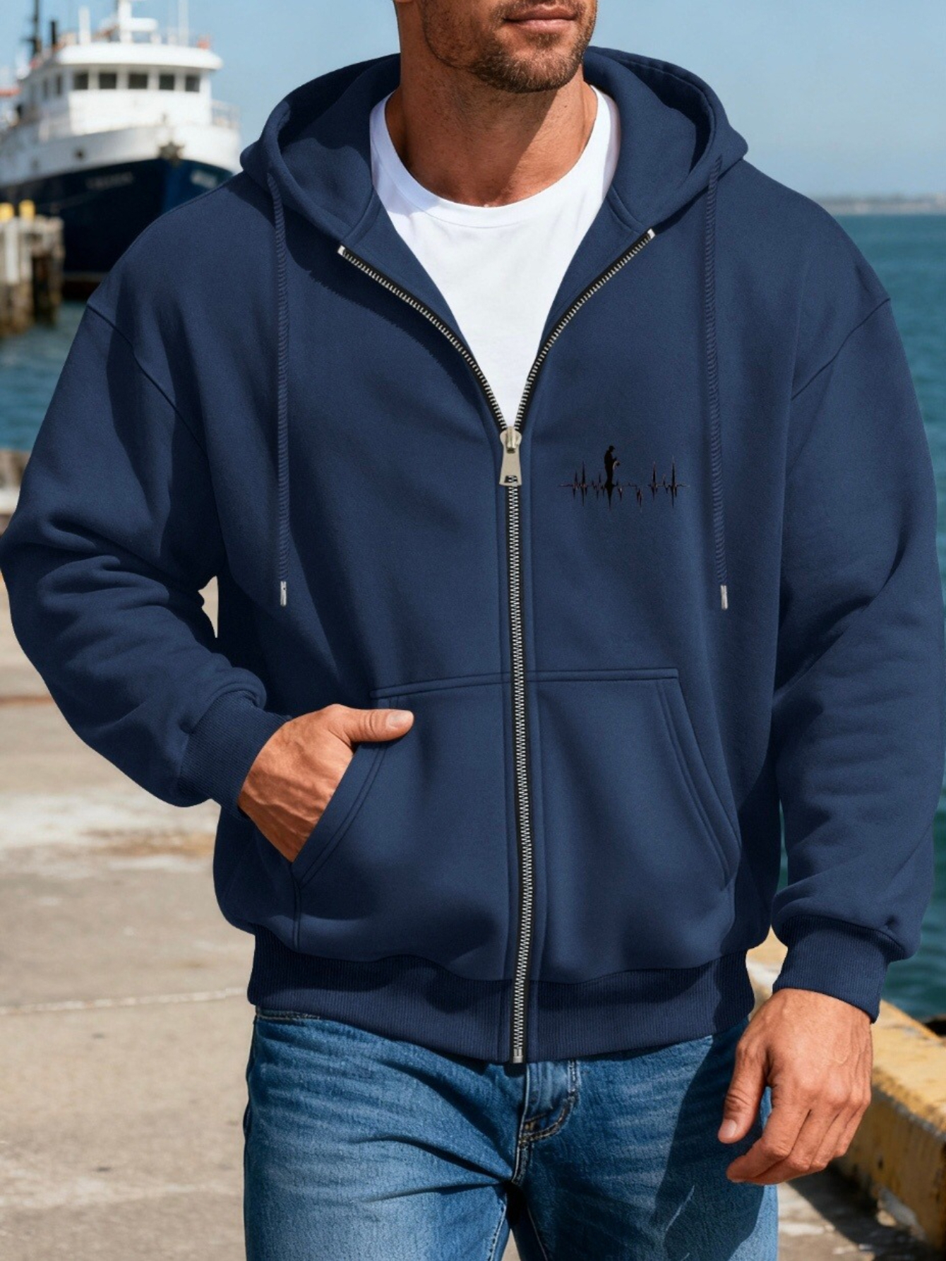 mens fashionable casual daily hooded cardigan sweatshirt jacket with simple black fishing graphic logo print   and premium