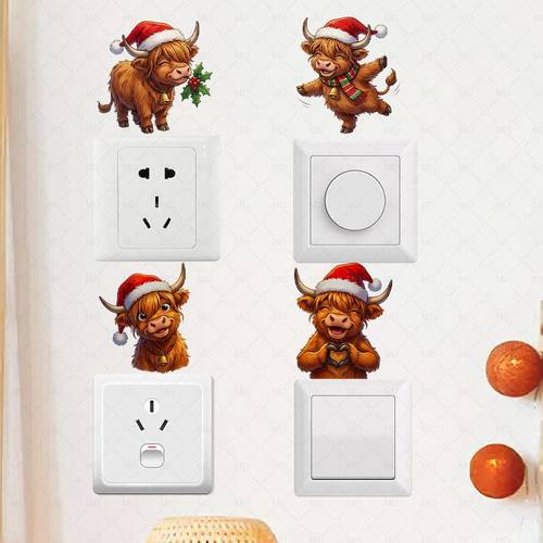 4er-Set Weihnachts-Schalteraufkleber, Weihnachtsmann Rentier Gruppenmuster, Selbstklebende Wand-Schalteraufkleber Set, Entfernbare Feiertags-Wanddeko für Zuhause, Weihnachtszimmer Dekoration