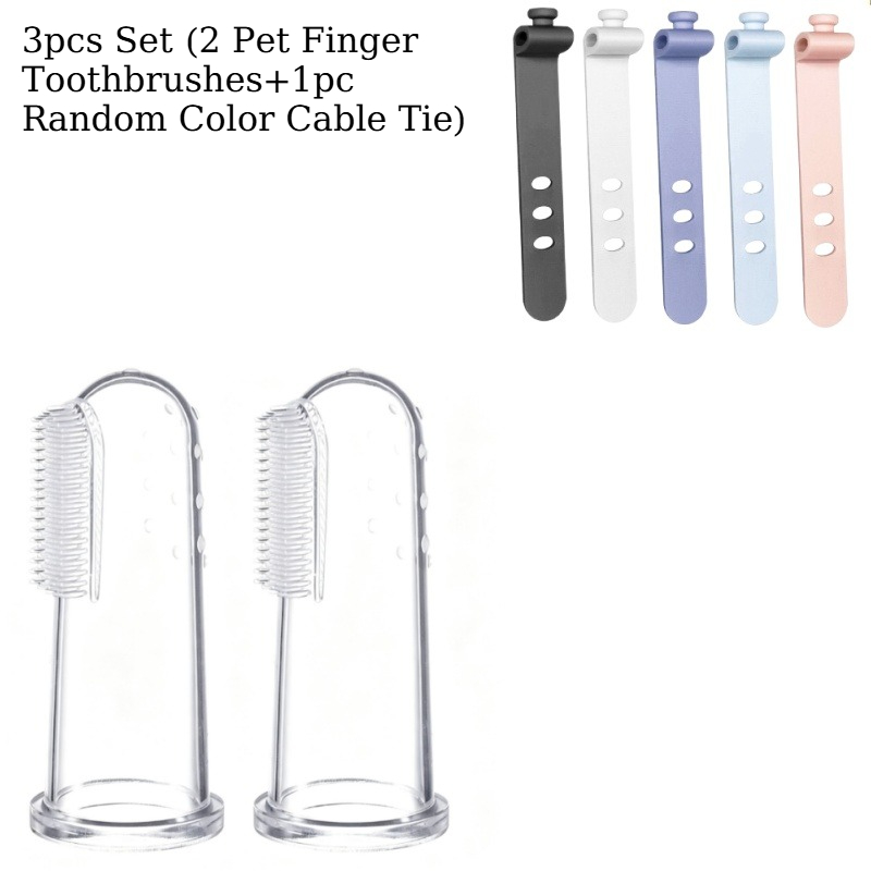 TEMU Lot de 3 pièces (2 brosses à dents doigtées pour animaux + 1 attache-câble de couleur aléatoire), Nettoyage efficace des dents - Parfait pour