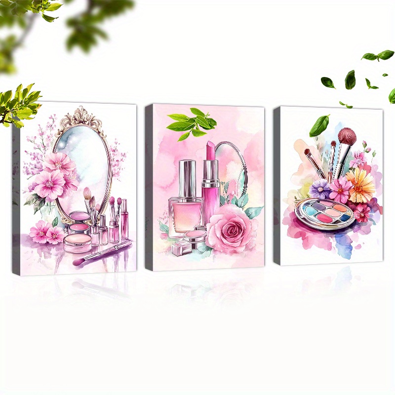 TEMU 2d3pcs Vintage Makeup Artist Canvas Wall Art Set - Wooden Frame, Reusable Fabric Posters With Pink Roses & Cosmetics Design, Living Room,