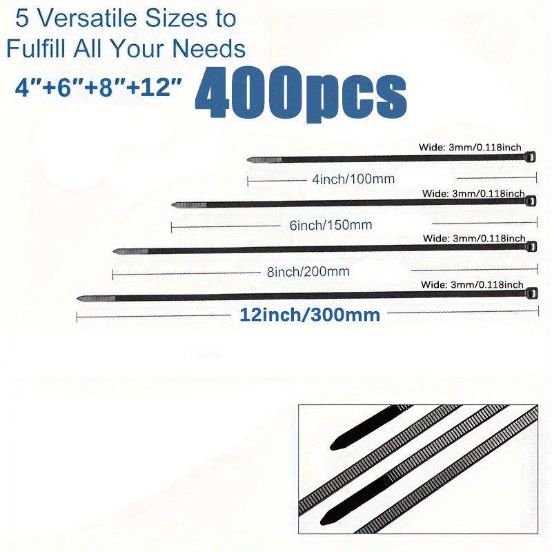 400pcs Black Self-Locking Nylon Cable Ties Multi-Size Bundle (4In/6In/8In/12In) Tensile Strength 40Lbs Self-Locking Premium Nylon Cable Ties Indoor Outdoor Use