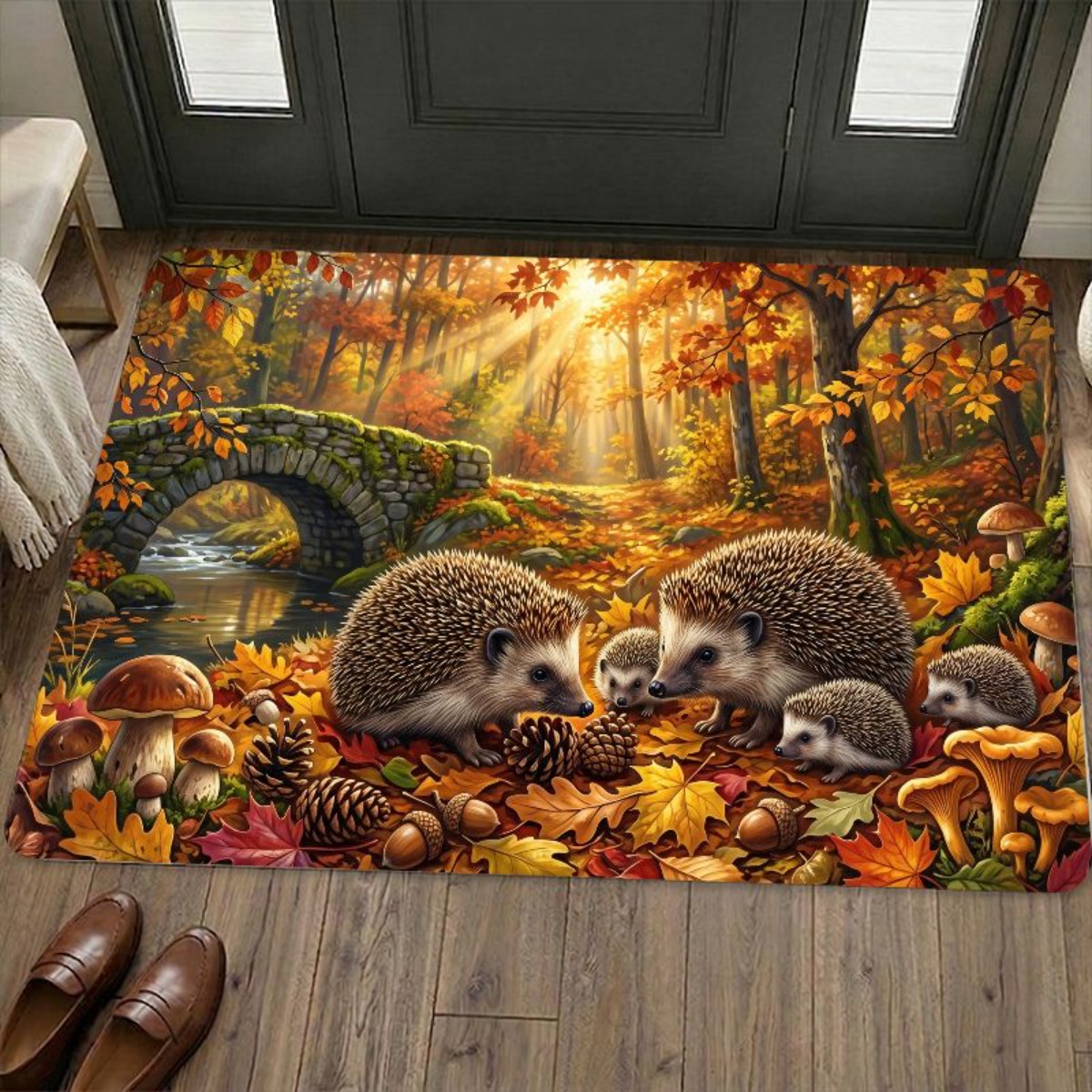TEMU 1pc, Hedgehog Family Autumn Forest Scene With Vibrant Fall Foliage, Stone Bridge, And Sunlight , Flannel Floor Mat, Soft Absorbent Non-slip Rug