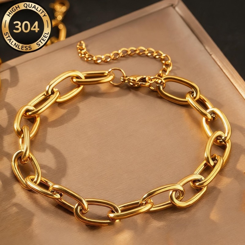 TEMU Bracelet à maillons ovales épais réglables de haute qualité en acier inoxydable 304, hypoallergénique, doux pour , étanche et résistant à l',