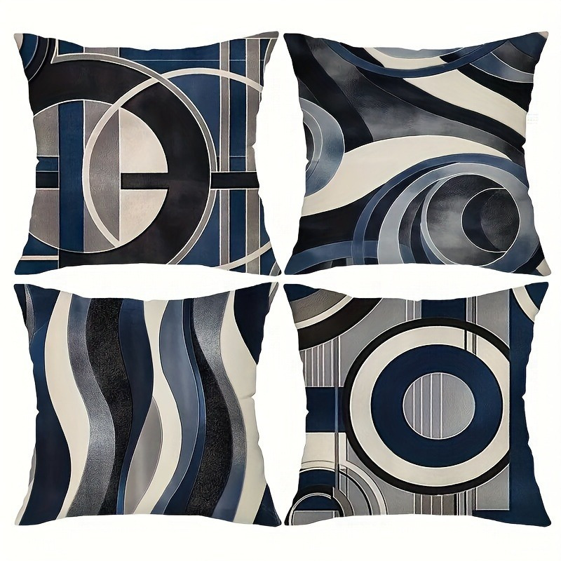 

4pcs Vintage Bohemian Geometric Throw Pillow Covers, Navy And Gray Abstract Art, Hand Wash Only, Zipper Closure, 100% Polyester, Woven, For Living Room Sofa Decor, 18x18 Inches (no Filling)