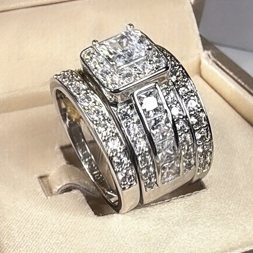 925 Sterling Silver Princess Square Zirconia Ring, Three-Piece Set, Halo Set, Women'S Wedding Ring