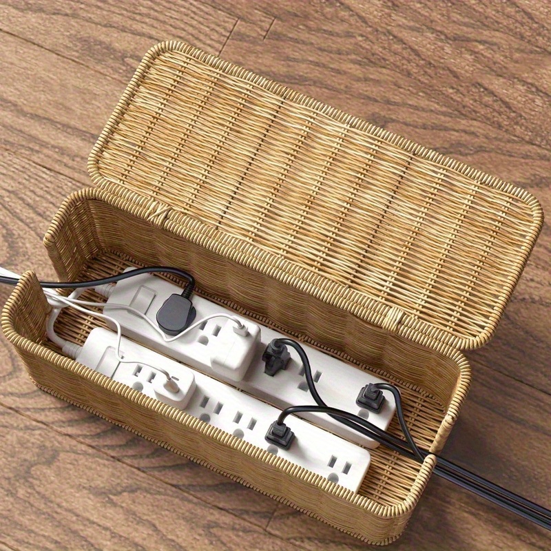 1 Stck Handgewebte Rattan-Optik Kabelorganizer-Box mit Deckel  Langlebige  PE-Kunststoff-Aufbewahrungsbox mit mehreren Fchern fr Stromkabel,  Ladegerte, Brobedarf & Schreibtisch  Geflochtenes ...