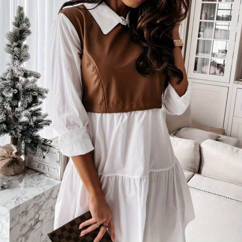 Spring and Summer New Dress Shirt Design Dress Splicing Design Dress Brown and White Splicing Shirt Dress Fashion Women'S Party Out The Best Choice, Women'S Clothing