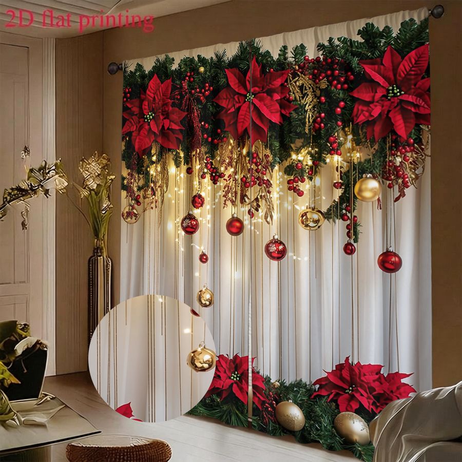 TEMU 2d Flat, 2pcs 2d Flat Printed Curtains, Polyester Material, Stylish Rod , Red Poinsettia And Christmas Ball Ornament Floral Curtains, Suitable