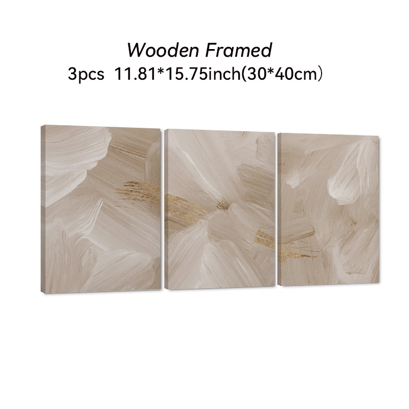 TEMU 3pcs Modern Abstract Brush Wall Art - Neutral Tone Wood Framed Canvas Paintings With Beige, Wood Frame & Hook Installation Suitable For Living