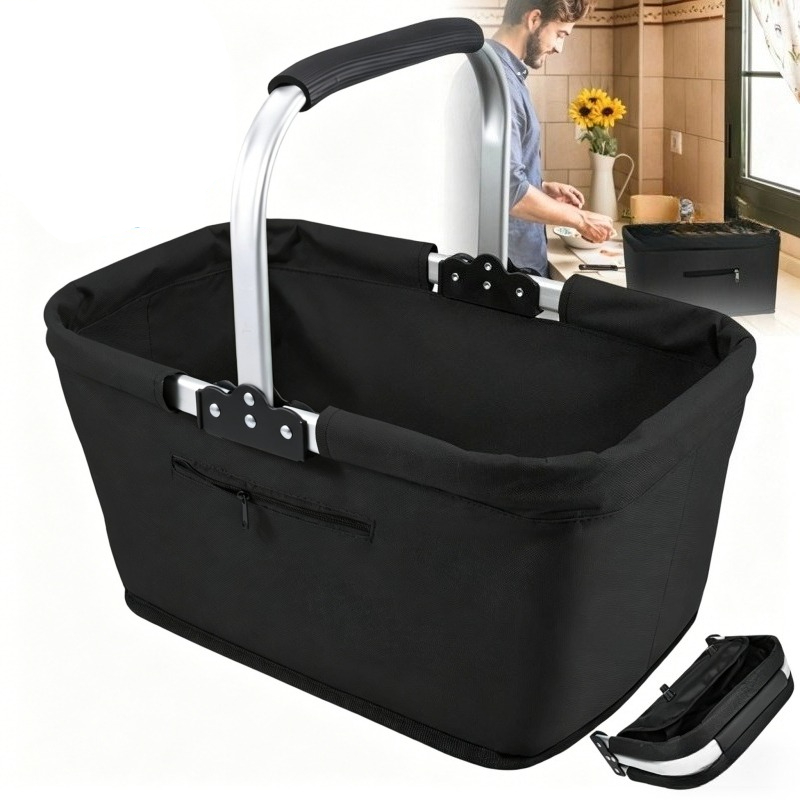 1set 30l Foldable Storage Basket With Handle And Extra Zipper Pocket For Shopping, Camping And Picnicking., Shelf Baskets
