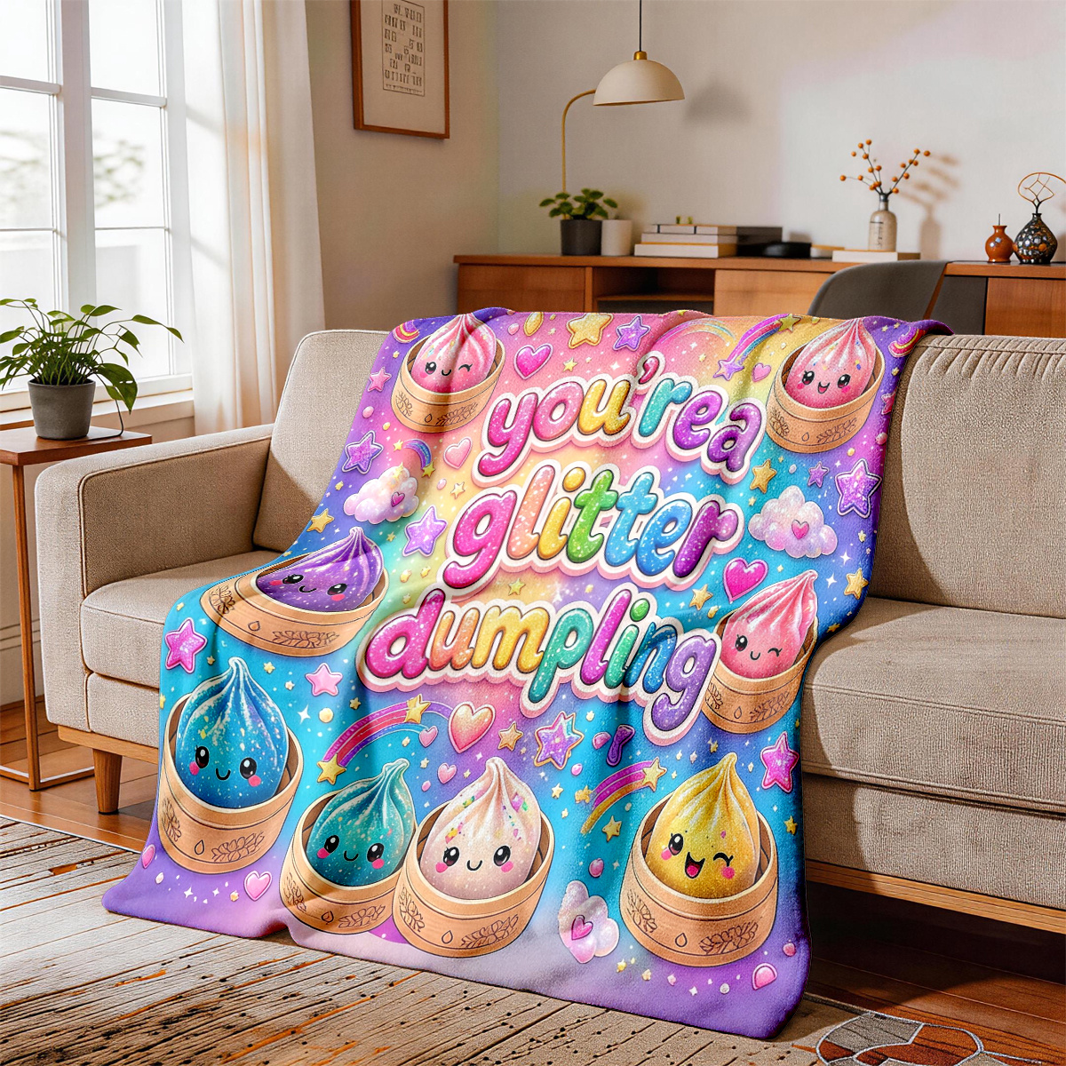 TEMU 1pc Glitter Cartoon Dumpling And Heart-themed Flannel Blanket - Large Size, Soft, Lightweight, And Warm, Suitable For - Bed, Sofa, Office,