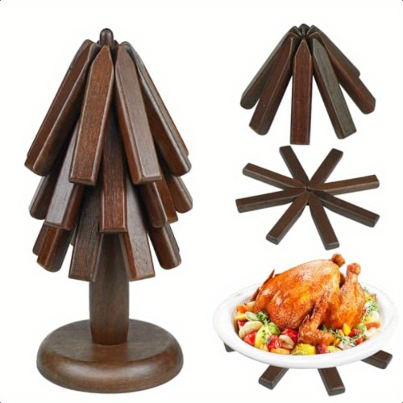 Set Of 4 Foldable Wooden Tree Coaster Trivets With Stand - Natural Beechwood Heat Resistant Pads For Hot Pots, Plates, Mugs 2 thumbnail image